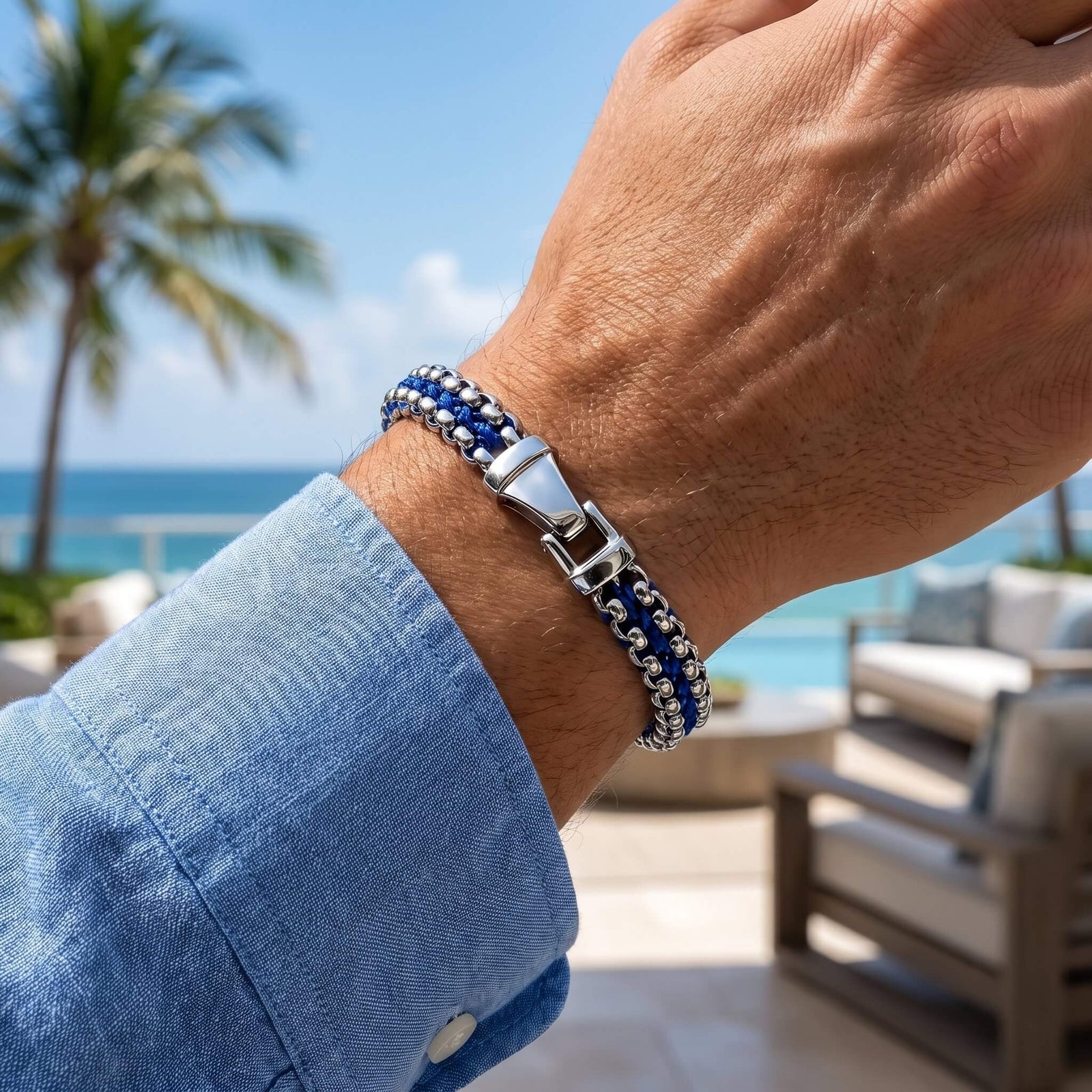 Silver Chain Bracelet for Men, Navy Blue Cord | Caligio – CALIGIO