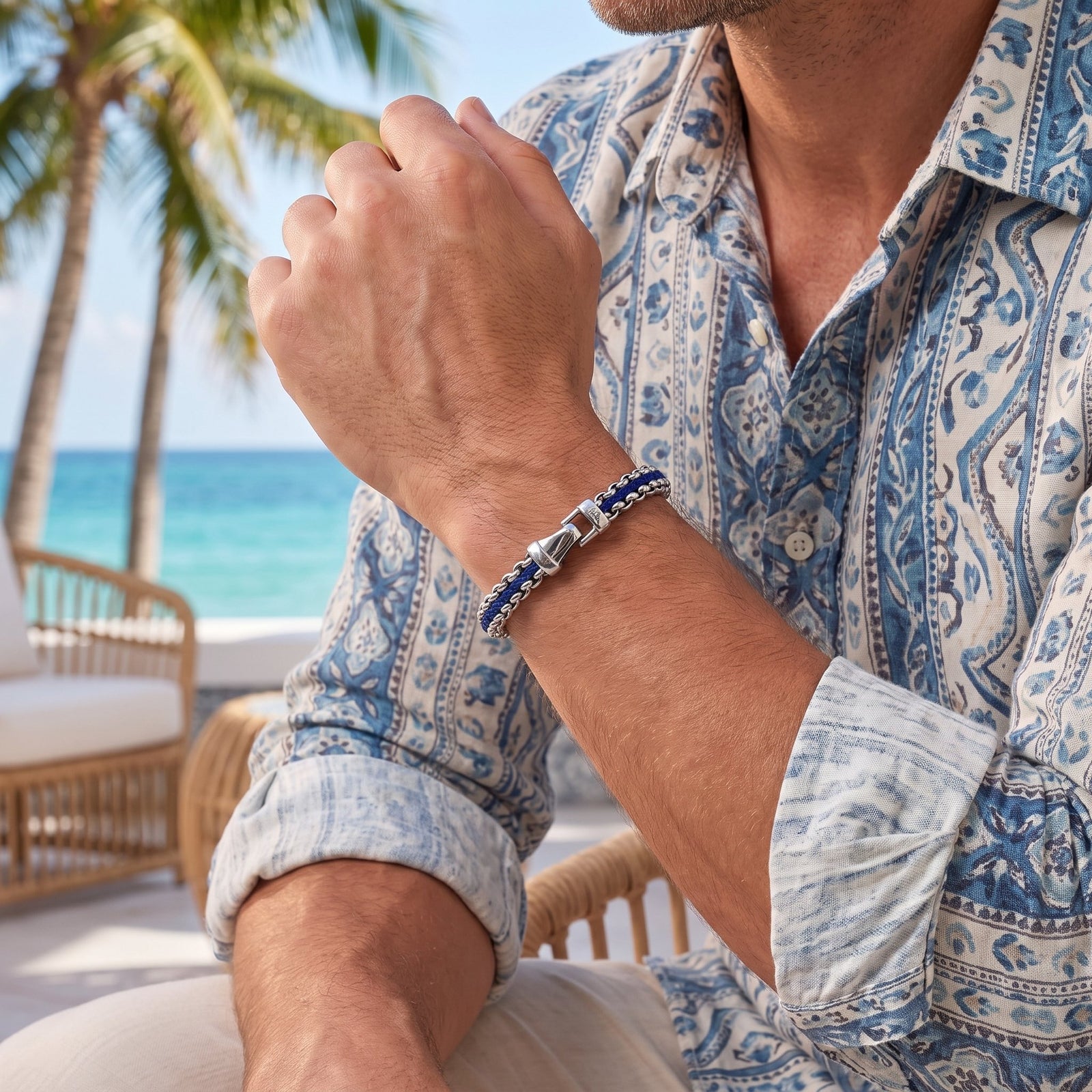 Silver Chain Bracelet for Men, Navy Blue Cord | Caligio – CALIGIO