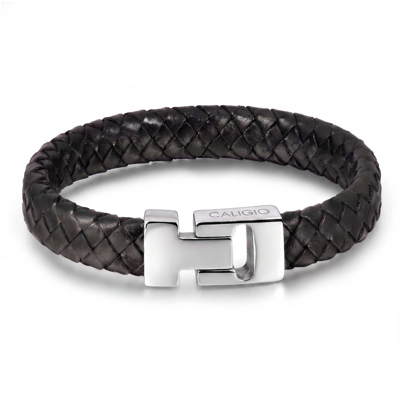 Braided Leather Bracelet for Men, Black, Easy Clasp | Caligio