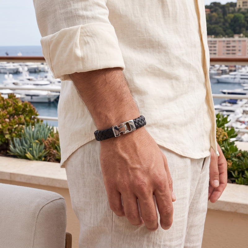 Braided Leather Bracelet for Men, Black, Easy Clasp | Caligio