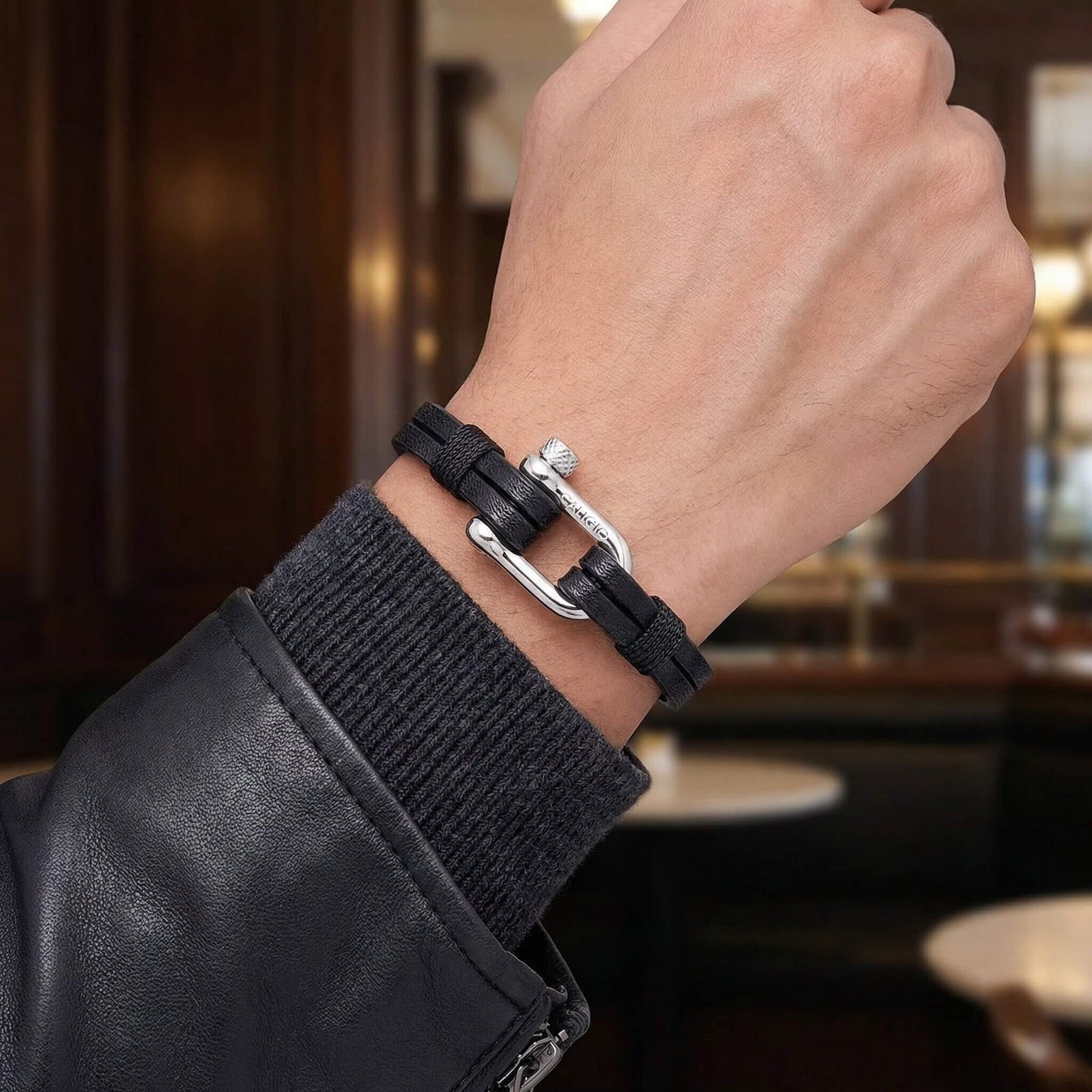 Double Strap Black Leather Bracelet, Big Wrists | Caligio – CALIGIO