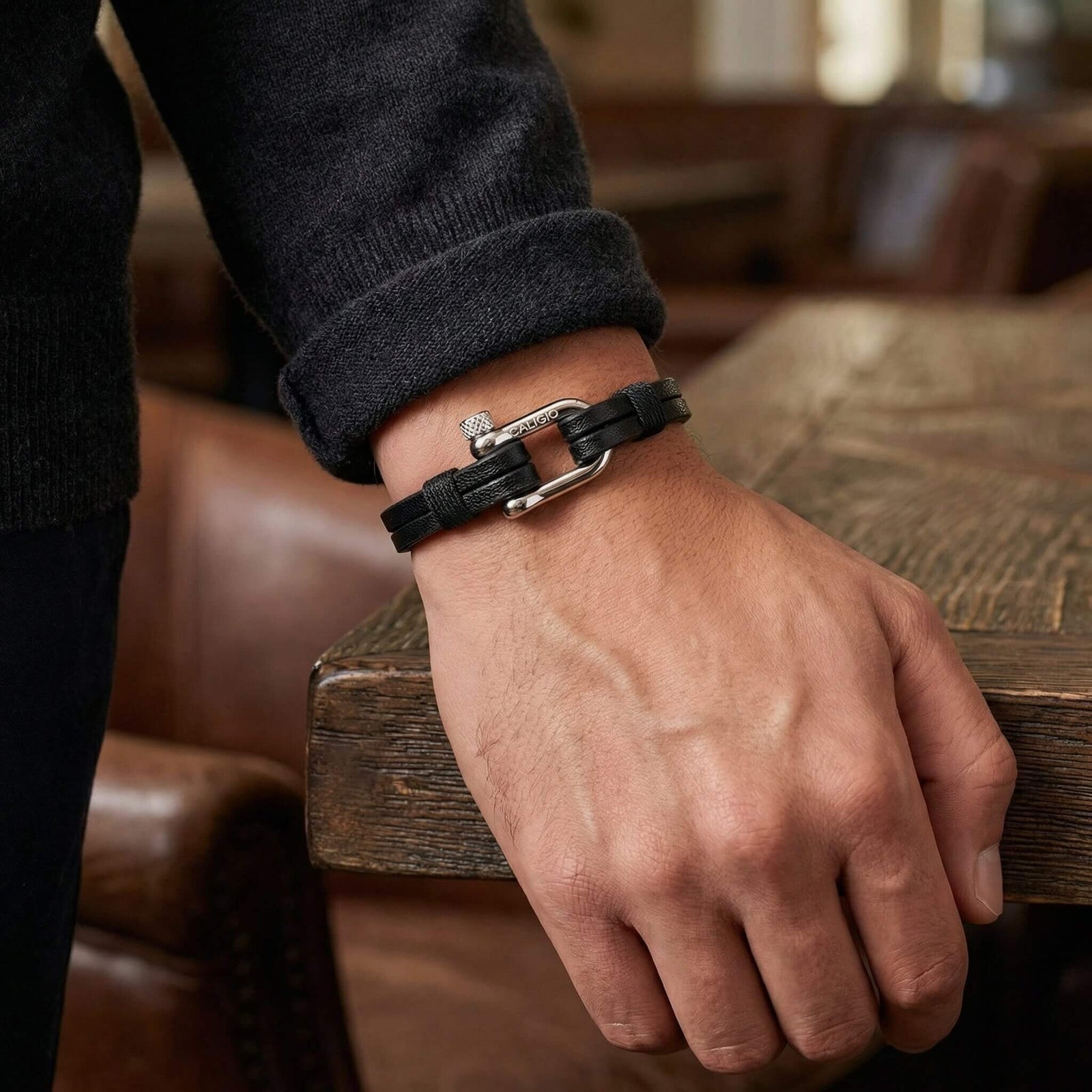 Egoist Black Men's Leather Bracelet – Double Strap Stainless Steel