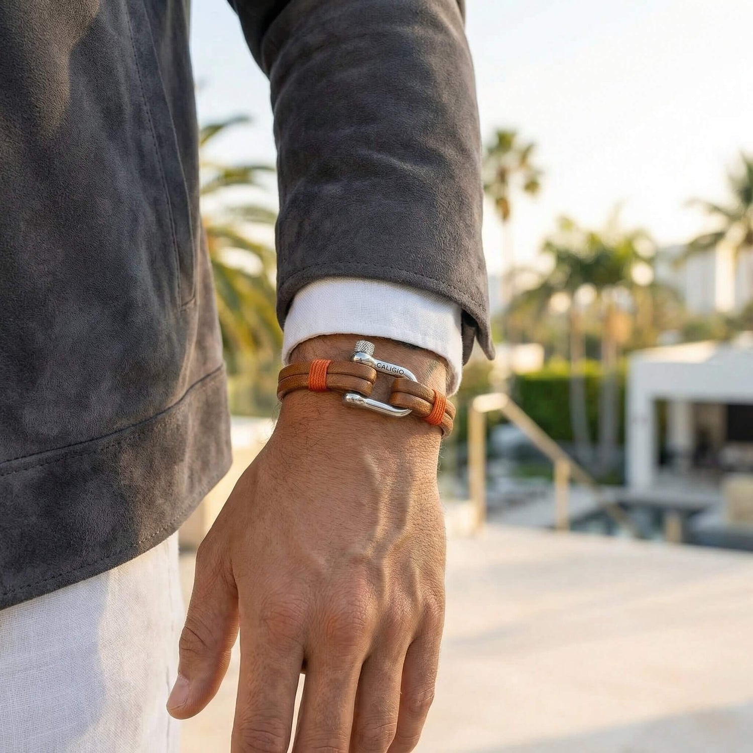 caligio Caligio Men Bracelets Egoist Tan Brown Egoist Tan Brown Men’s Leather Bracelet – Double Strap Stainless Steel D-Shackle | Caligio small gift  cheap gift for men  shackle bracelet mens anchor bracelet