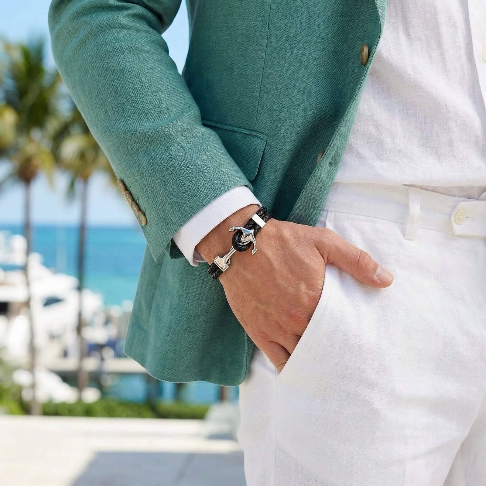 Endeavour - Men's Anchor Bracelet with Braided Leather | Caligio