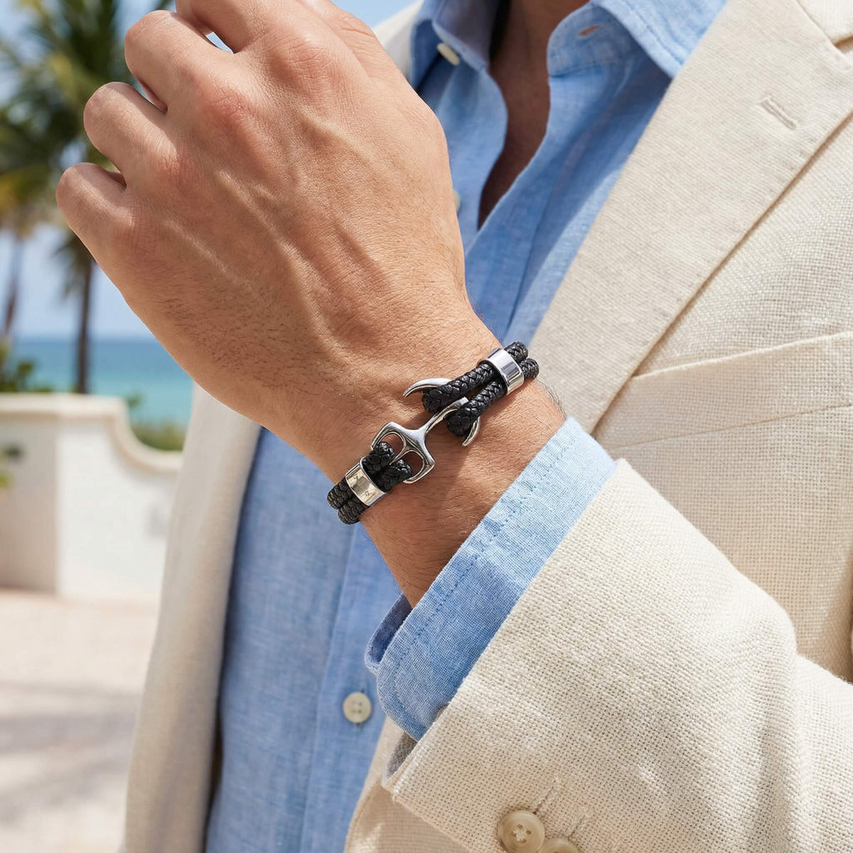 Foss anchor leather bracelet on wrist mens style refined heritage Caligio