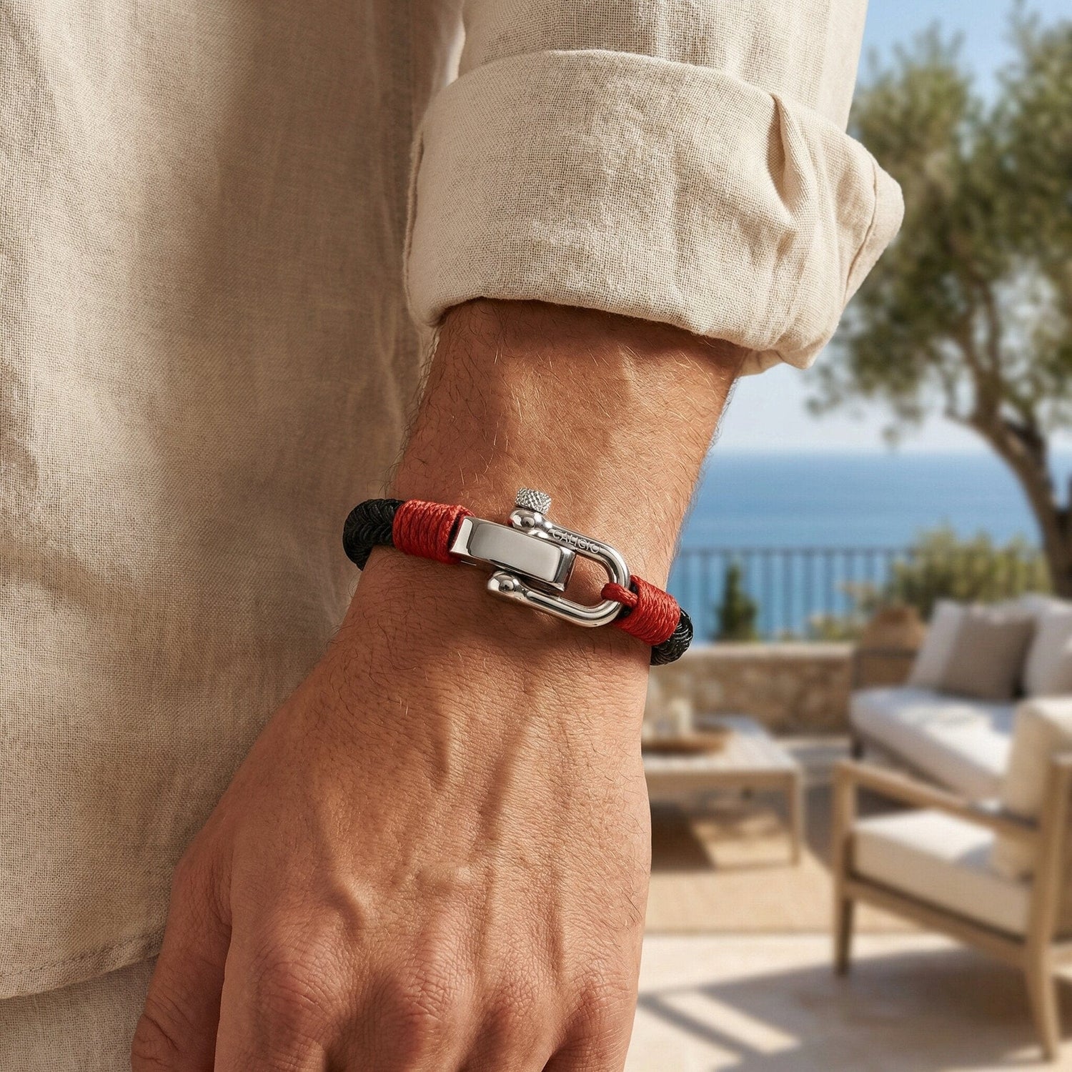 Gio Black Nylon bracelet paired with watch - clean professional wrist styling

