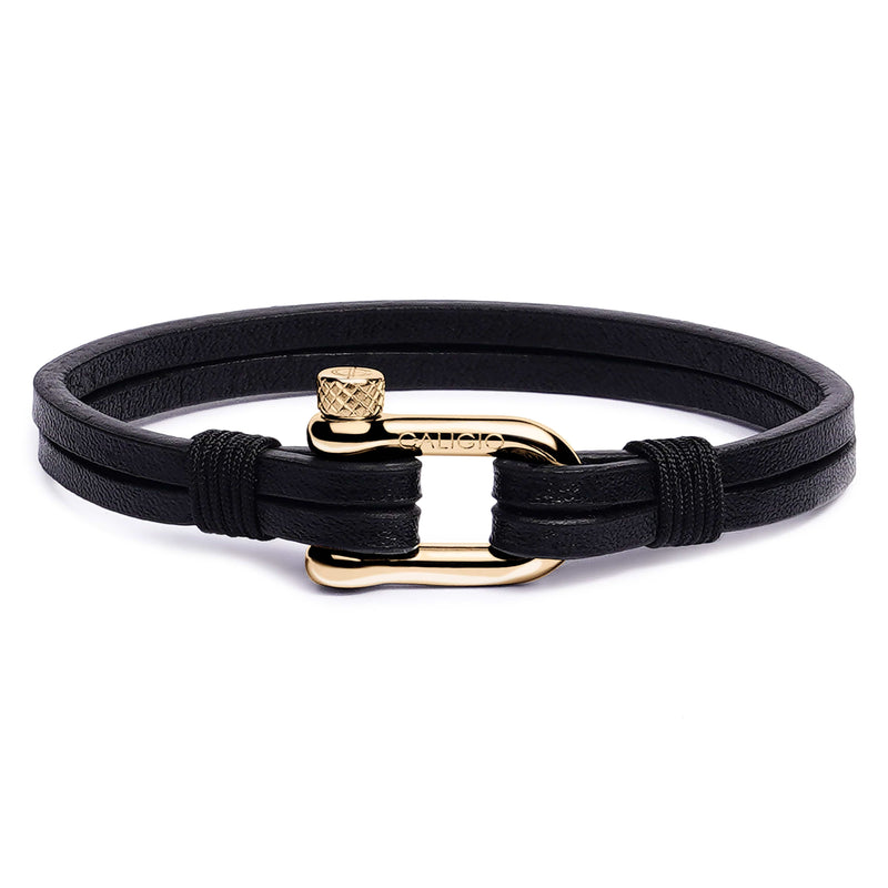 caligio Caligio Men Bracelets Egoist Black Medium [Up to 7"] / GOLD Two Strap Black Leather Bracelet, Egoist | Caligio Online Shop small gift  cheap gift for men  shackle bracelet mens anchor bracelet