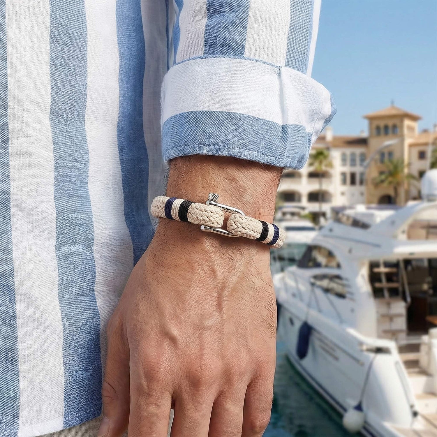 caligio Caligio Men Bracelets Nautical Beige Nautical Beige Rope Bracelet – Men’s Cotton Rope & Steel D-Shackle | Caligio small gift  cheap gift for men  shackle bracelet mens anchor bracelet