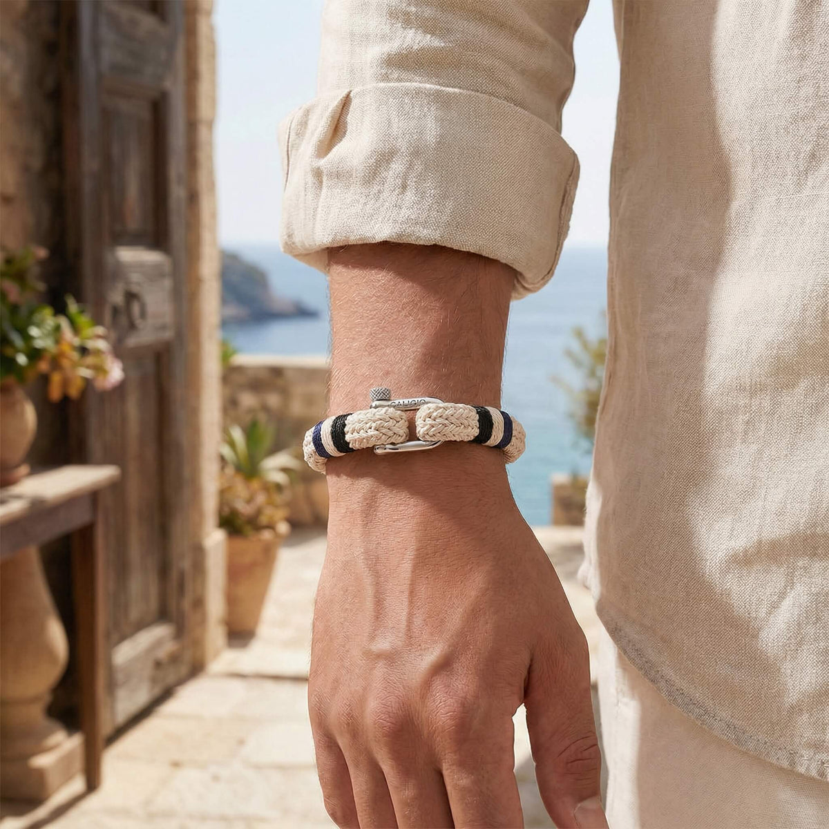 Nautical Beige rope bracelet on wrist mens classic style maritime heritage Caligio