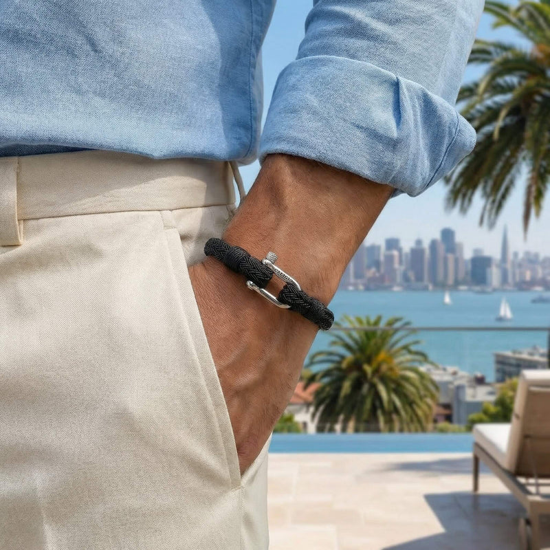Nautical Black Nylon Rope Bracelet – Men’s Waterproof Rope & Steel D ...
