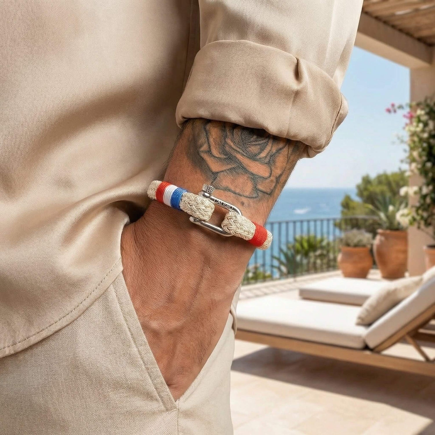 caligio Caligio Men Bracelets Nautical Cap Ferrat "Nylon Nautical Cap Ferrat Rope Bracelet – Men’s Beige Nylon Rope & Steel D-Shackle | Caligio small gift  cheap gift for men  shackle bracelet mens anchor bracelet