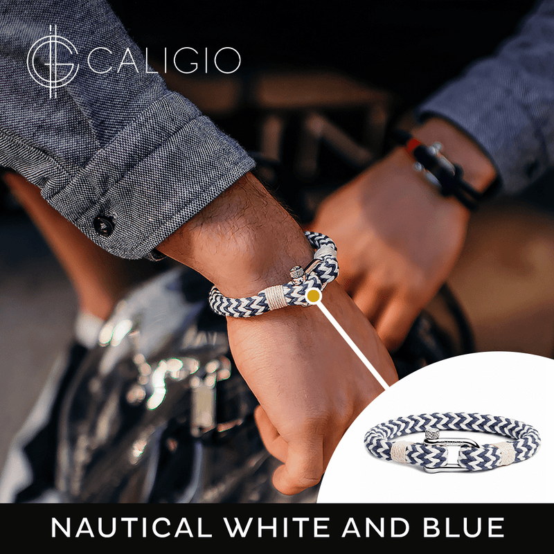 caligio Caligio Men Bracelets Nautical White & Blue and Cap Ferrat Bracelet Bundle of White & Blue and Cap Ferrat White Nylon Men's Accessories with a 40% OFF | Caligio small gift  cheap gift for men  shackle bracelet mens anchor bracelet