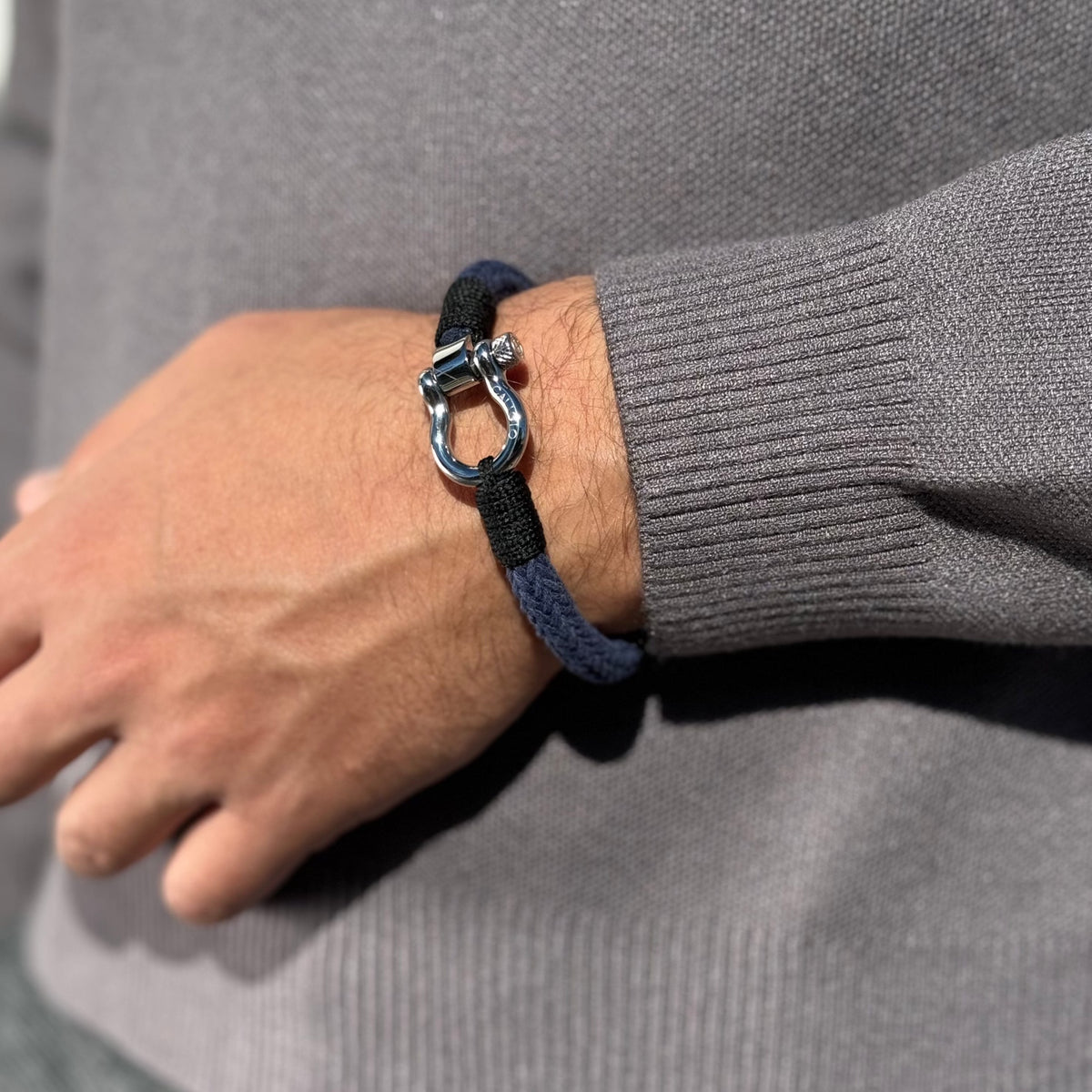 Omega Navy Blue cotton bracelet on wrist styled mens look Caligio