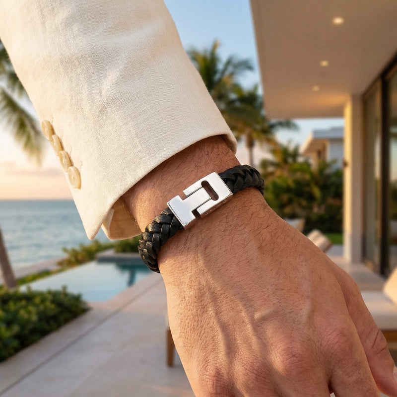 Prime Black Braided Leather Men's Bracelet - Magnetic Clasp
