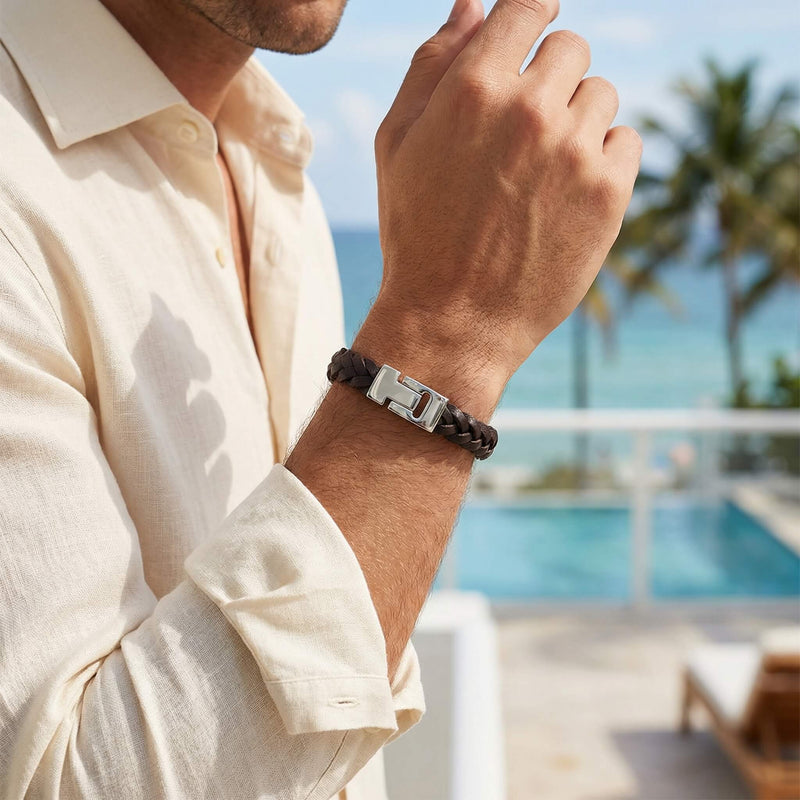 Prime Brown Braided Leather Men's Bracelet - Magnetic Clasp
