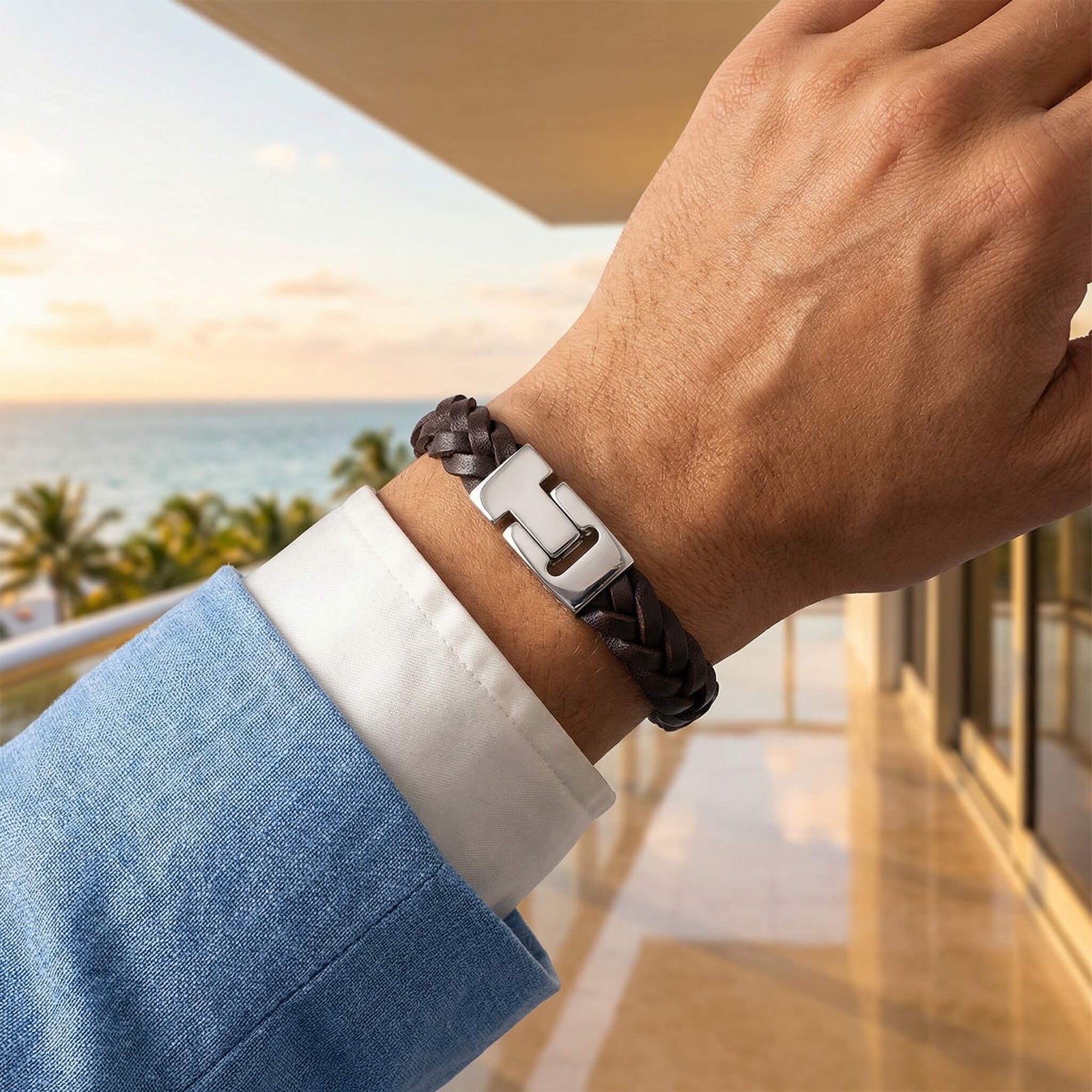 Prime Brown Braided Leather Men's Bracelet - Magnetic Clasp