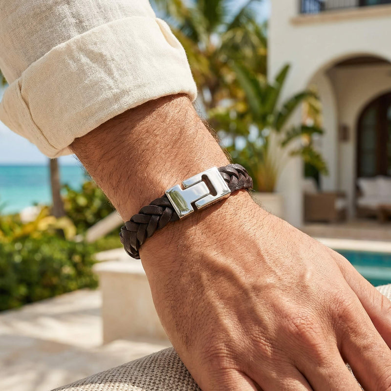 Prime Brown Braided Leather Men's Bracelet - Magnetic Clasp