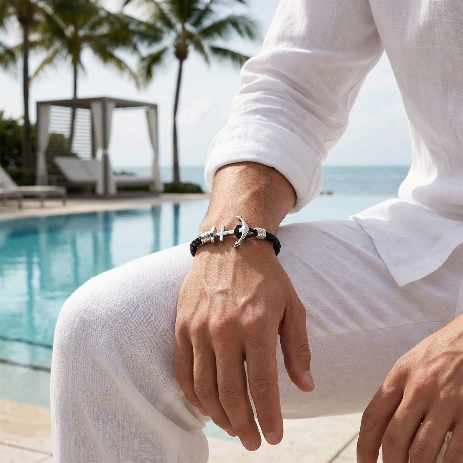 Sailor Black - Men's Black Braided Leather Anchor Bracelet