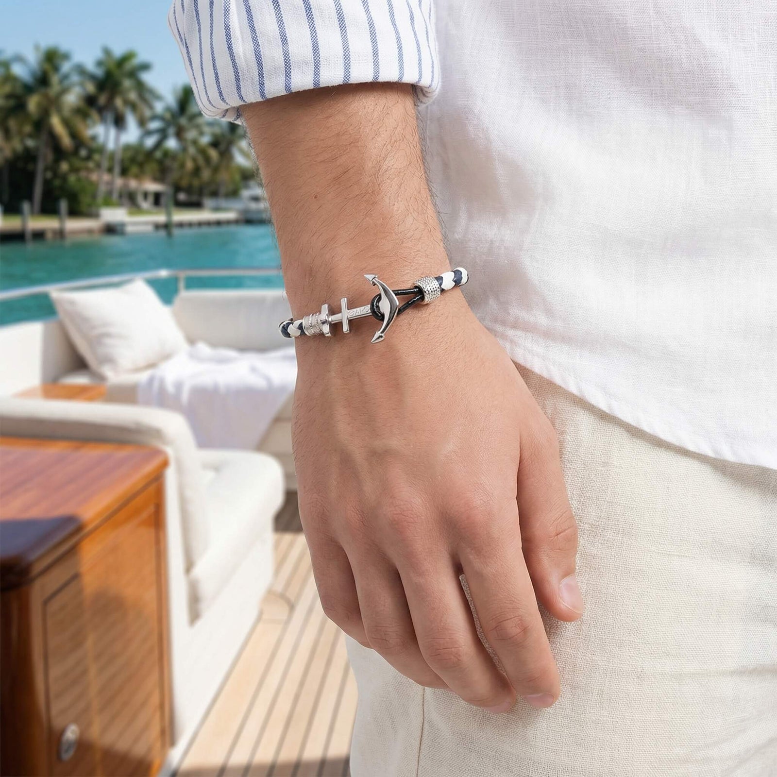 Sailor White & Blue XL Bracelet – Extra Large Men's Anchor Leather
