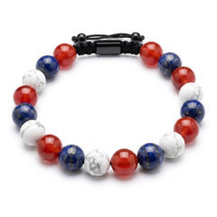 USA bracelet for men with 8mm red, white, and blue beads on a stretch cord