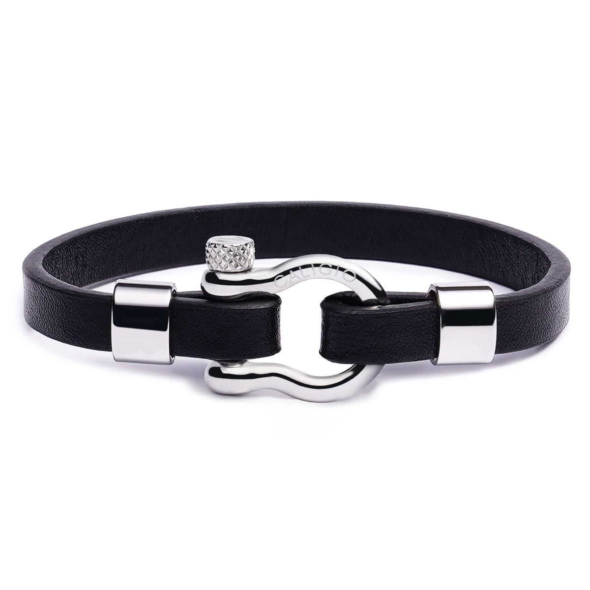 Omega Black Leather bracelet for men single piece genuine leather minimalist 316L steel Caligio