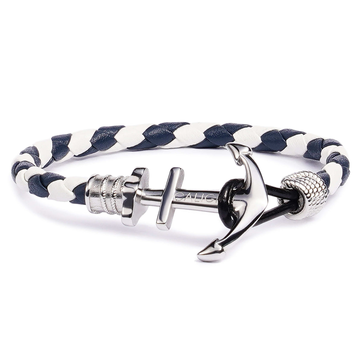 Sailor White and Blue two tone braided genuine leather bracelet for men anchor stainless steel Caligio Sailor collection