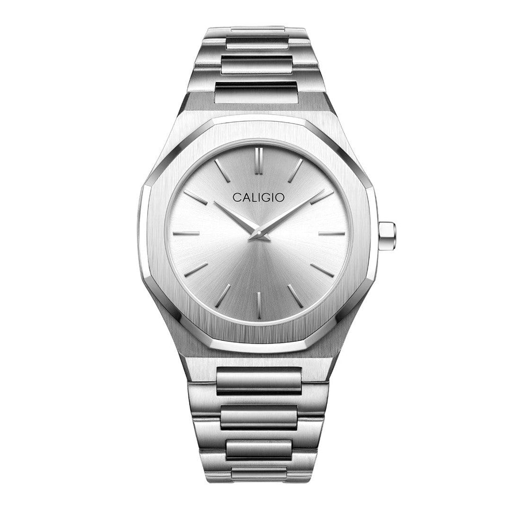 Men s Ultra Slim Quartz Watches White Silver Steel Caligio Watches CALIGIO